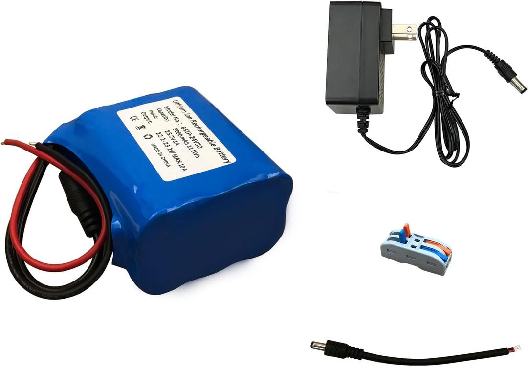 24V 5Ah Rechargeable Li-ion Battery Pack, Portable Bare Leads Wire Replacement Battery with 24Volt Charger