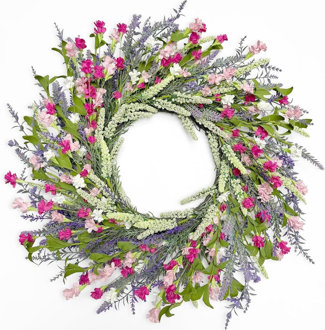 Artgar 26 Inch Spring Wreaths for Front Door, Spring Summer Lavender Paper Flower Wreaths for Home Farmhouse Windows Walls Porch Wedding Indoor Outdoor Decor for All Seasons (Pink)