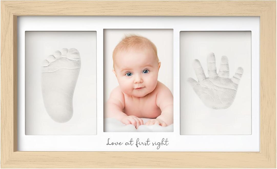 Baby Hand and Footprint Kit - Clay Handprint Keepsake Frame, Newborn Nursery Picture Frame, Personalized New Mom Gifts for Baby Shower & Registry (Ash Wood) (Duo Frame, 13" x 7.9")