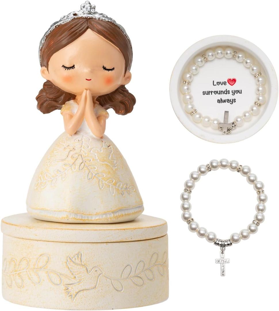 First Communion Gift Set for Girls - Resin Prayer Girl Figurine with Dove & Olive Branch Design, White Religious Keepsake Statue, Pearl Necklace Cross Pendant, Gift Box Set with Inspirational Message