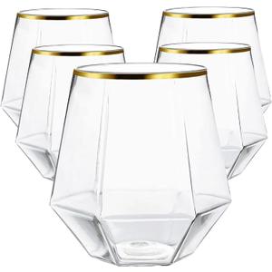 40 count Diamond Unbreakable Stemless Plastic Wine Champagne Whiskey Glasses Elegant Durable Disposable Indoor Outdoor Ideal for Home, Office, Bars, Wedding, 12 Ounce Cups Gold Rim (Gold)