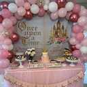 Aumeko 8x6ft Once Upon a Time Backdrop Pink Floral Gold Castle Princess Fairytale Birthday Party Decoration Girls First Birthday Party Photobooth Backdrop Supplies Cake Table Decorations