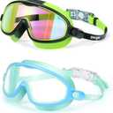 Seago Swim Goggles 2 Pack Anti-Fog Anti-UV Wide View Swimming Goggles for Kids 3-14 (Light Blue & Black/Green)