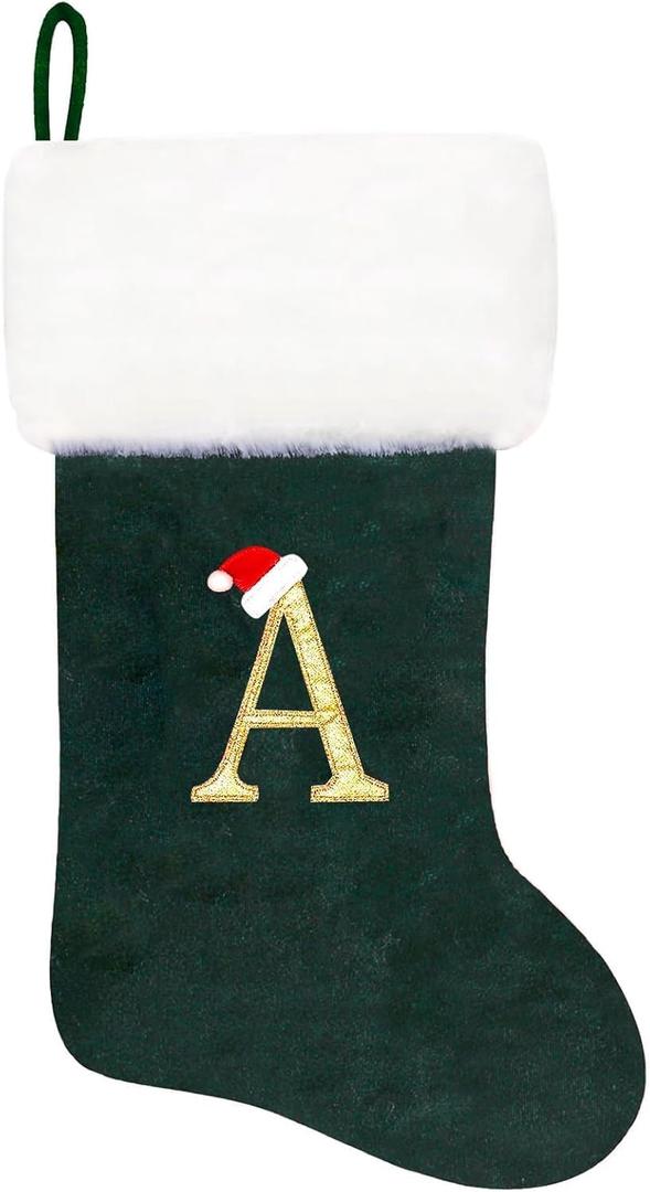20 Inches Super Soft Plush Monogram Christmas Stockings Xmas Rustic Personalized Stocking Embroidered Letter Decoration for Decor (Green)