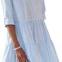 chouyatou Women's Striped Button Down Shirt Dress Loose Casual Cuffed Sleeve Tiered Mini Tunic Dress, Size: Large
