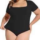 FOREYOND Plus Size Bodysuit for Women Short Sleeves Square Neck Body Suit Tops Casual Basic Slim Fit Shirts Leotards (XX-Large, Black)