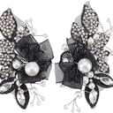 FINGERINSPIRE 1 Pair 4.4x2.5x0.5inch White Pearl Beaded Applique Rhinestone Flower Patch DIY Crafts Wedding Dress Embellishment for Bridal Hair Comb Decoration Black Floral Sew On Decoration