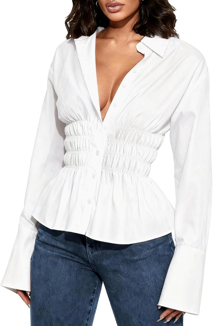 Women Long Sleeve Button Down Fitted Shirts Collared Cinched Waist Tops Office Work Blouse (Small, White)