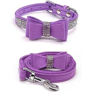 Dogs Kingdom Rhinestone Bling Dog Cat Collar Leash Set Crystal Diamonds Studded with Cute Bowknot Puppy Dogs Collar Leash Set Adjustable with Soft Velvet,Purple,L:14.5-18.5" Neck