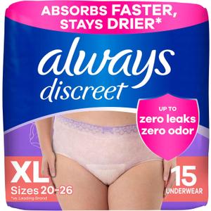 Always Discreet Adult Incontinence Underwear for Women and Postpartum Underwear, Extra Large, Up to 100% Bladder Leak Protection, 15 Count, XL
