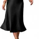 Women's Satin Midi Skirt Elegant Fishtail Silk A Line Casual Skirts for Party Wedding (Black, Medium)