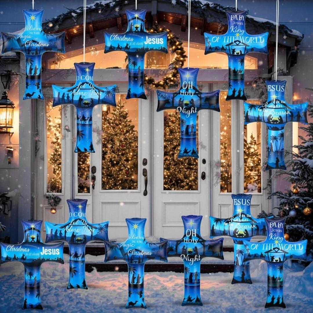 Soulchen 12 Pcs Christmas Inflatable Hanging Ornaments Indoor Decorations, Christian Nativity Holy Night Decoration, 14 Inch Blow up Jesus Cross with Rope Jesus Wall Decor for Xmas Outside Lawn Porch