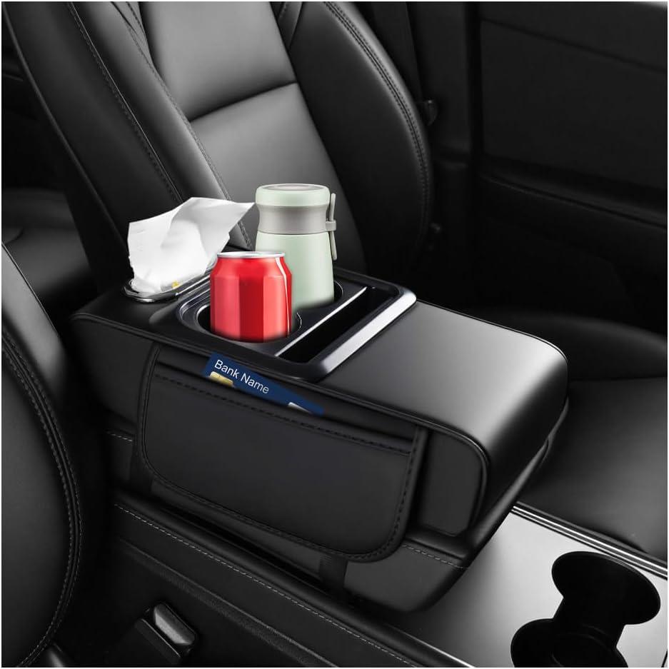 4 in 1 Center Console Cover,Multifunctional Car Armrest Storage Box with Cup Holder& Phone Holder& Car Tissue Holder,7.68 * 13.98" Arm Rest Cover for Cars with 2 Side Pockets