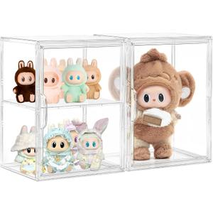 Acrylic Display Case, 2 Pack Clear Display Cases Compatible with Labubu POP MART,Figure Display Case with Magnetic Door, 2 Layer Acrylic Box with Movable Dividers