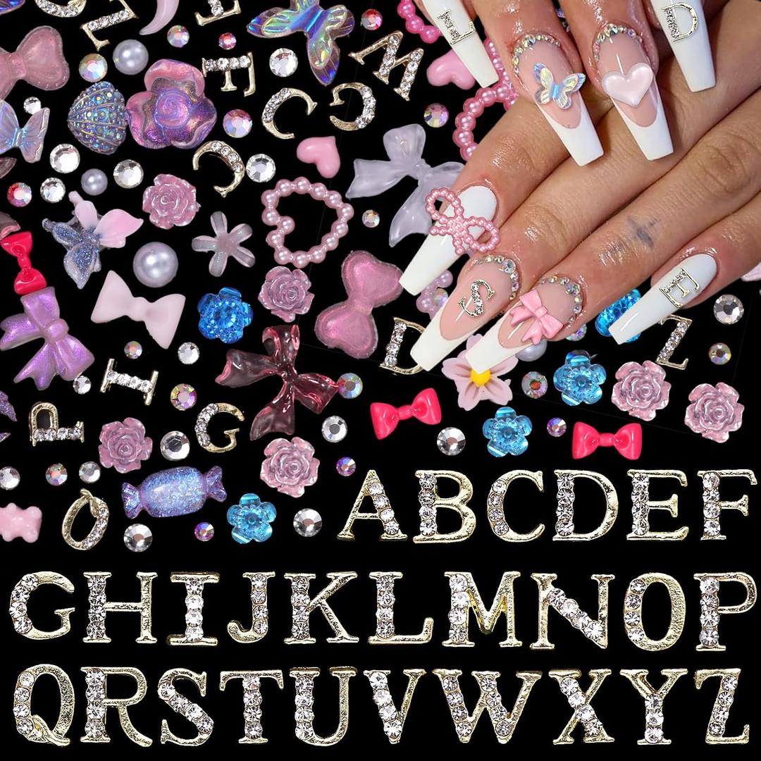5 x 350 Pcs Letter Nail Charms, 52 Pieces Shiny Letter Nails Art, Pink Bows Heart Flower Butterfly Pearls Acrylic Nails Art Charms, Alphabet for Nail DIY Crafts