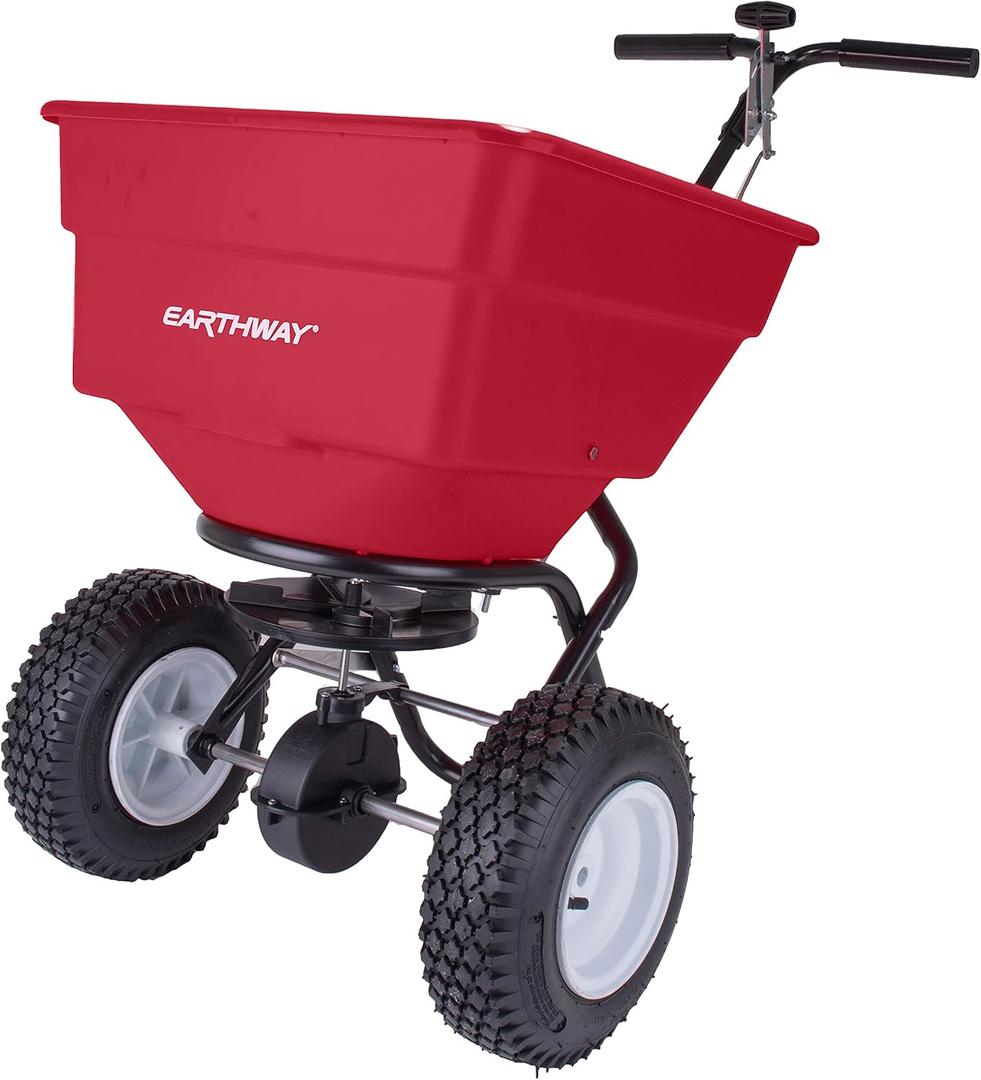EarthWay Products 2170 100lb Broadcast Spreader Lawn Aerator, Fertilizer Spreader, Grass Seeder, Heavy-Duty Push Spreader with Adjustable Drop Rate, 13-Inch Pneumatic Tires, Side Spread Control, Red
