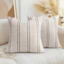 AELS 20x20 Decorative Farmhouse Linen Throw Pillow Covers, Boho Textured Pillow Case, Set of 2, Beige with White & Black Stitch Yarn Dyed Stripe Cushion Cover for Sofa Couch Living Room (Cover ONLY)