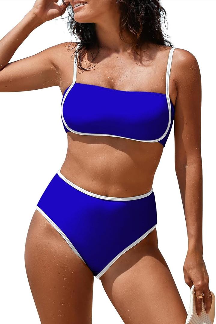 Pink Queen 2025 Women's High Waisted Bikini Sets Two Piece Swimsuit Color Block High Cut Bathing Suits Beach (Medium) Sapphire Blue 