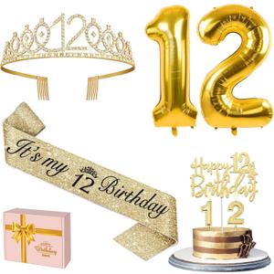 12th Birthday Decorations for Girls Gold with 12th Birthday Sash and Tiara, Candles and Cake Toppers, Number Balloons, 12 Year Old Gifts for Girl