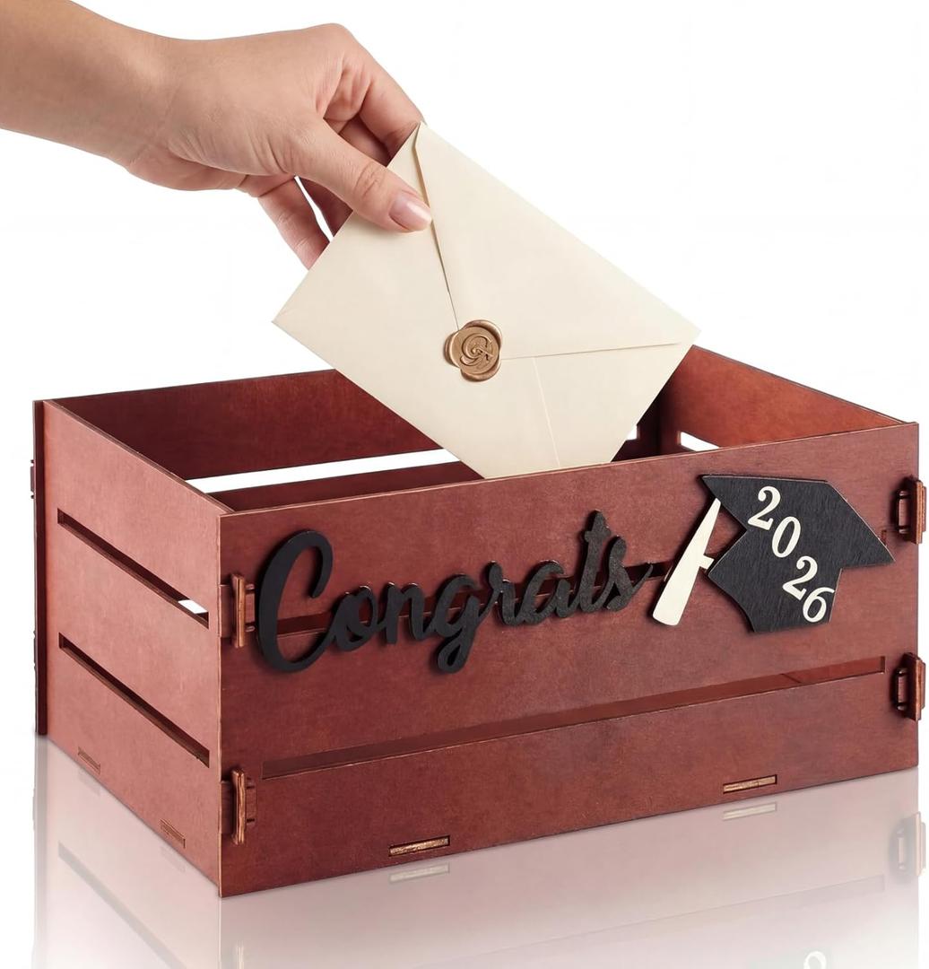 Epakh 2026 Graduation Card Box Holder Class of 2026 Rustic Wooden Card Box with Slot Vintage Grad Decorations for Congrats Graduation Reception Party Supplies