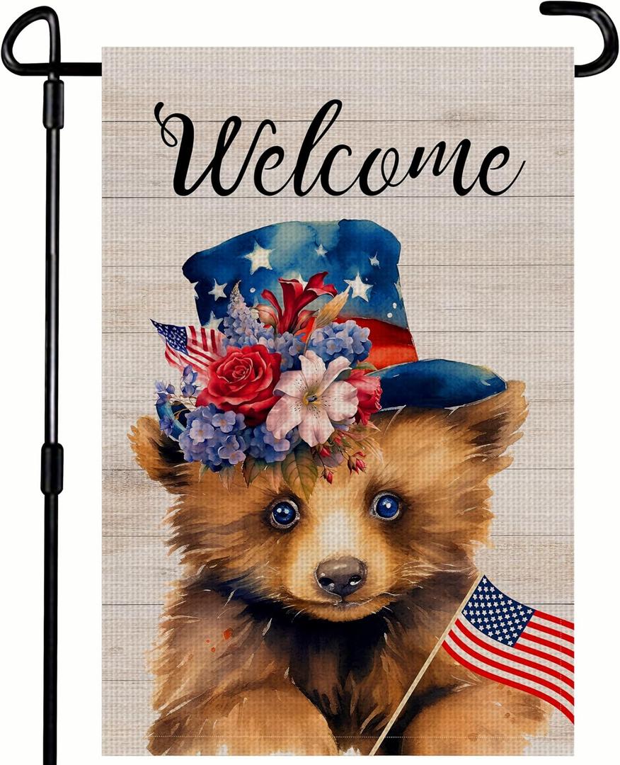 2 x Welcome 4th of July Bear Patriotic Garden Flag, America USA Stars Dark Blue Yard Lawn Outside Decor, Memorial Day Independence Day Outdoor Home Decoration Double Sided 12 x 18 inch