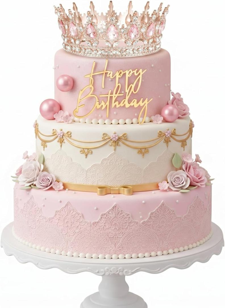 8 Pcs Pink Queen Crown Cake Topper for Women, Happy Birthday Cake Toppers Foam Balls Rhinestone Crystal Tiara Wedding Decoration for Princess Party Photo Props (Rose Gold and Pink)