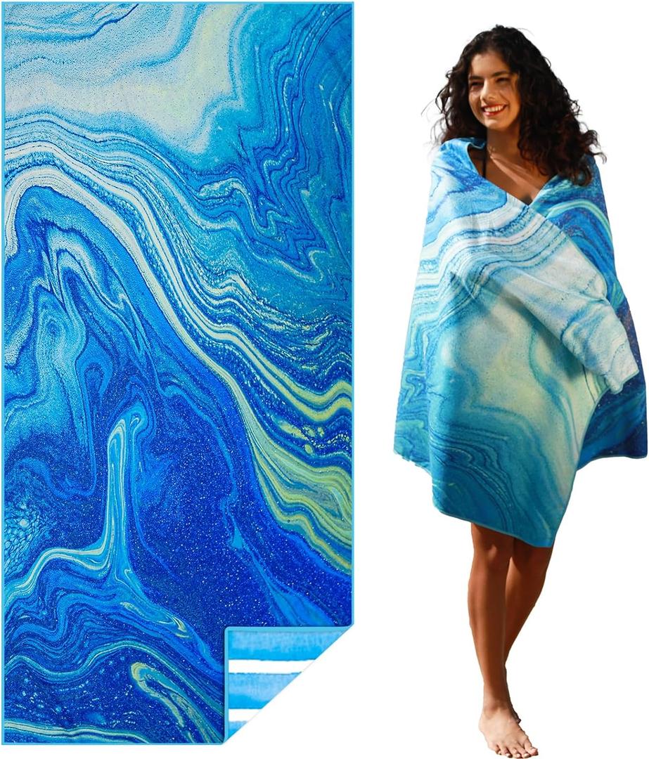 Microfiber Lightweight Thin Beach Towel Sand Free Quick Dry Compact Towels for Swimming Pool Camping Beach Accessories Large Easy Pack Travel Things for Vacation Essentials Gift Adult 32*71 Inch (Drift Sand Blue)