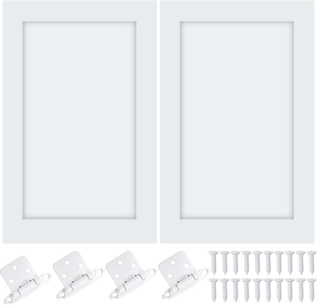 Cinnvoice 2 Pcs Pine Kitchen Cabinet Door Replacement with 4 Pcs Cabinet Hinges Wood Shaker Door Front Replacement for Kitchen, Bathroom, Vanity (White,14.75" W X 23" H)