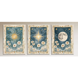 3Pcs Sun And Moon Celestial Wall Art Vintage Wall Decor Painting Sun Flower And Full Moon Canvas Pictures Boho Celestial Prints Posters For Bed Room Home Decor 12X16 Inch Framed