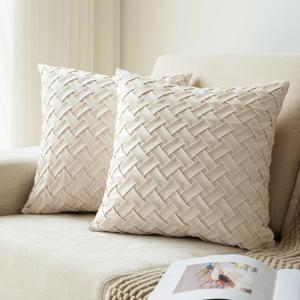 Velvet Decorative Throw Pillow Covers Set of 2, 18x18 Inch Soft Modern Weave Cushion Case, Farmhouse Home Decor Pillowcase for Sofa Living Room Couch Bed Cream White