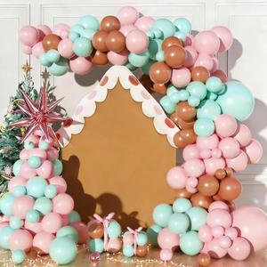 134pcs Christmas Balloon Arch Garland Kit with Pink Pastel Teal Brown Candy Balloons Gingerbread Candy Cane Foil Balloons for Gingerbread Christmas Party Decorations