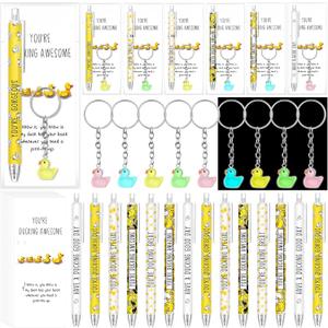 24 Sets Duck Pens Gifts Sets Include Yellow Duck Resin Keychains Cute Ballpoint Pen You're Awesome Cards Bookmarks Students Gifts for School Supplies