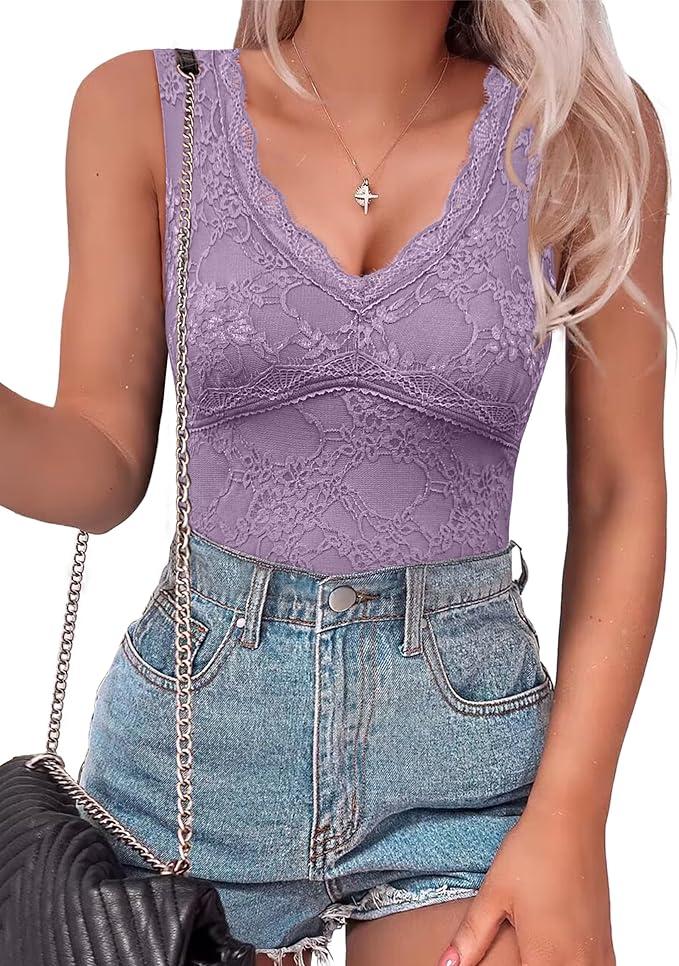 SAUNGKUAI Women's V Neck Sleeveless Bodysuit Going Out Body Suit Tank Tops 2025 Lace Trendy Outfits, Size Medium 