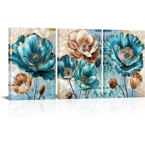 sechars Teal and Brown Wall Decor Turquoise Flower Canvas Art Painting Modern Abstract Floral Picture Artwork Bathroom Decor Framed (Medium)