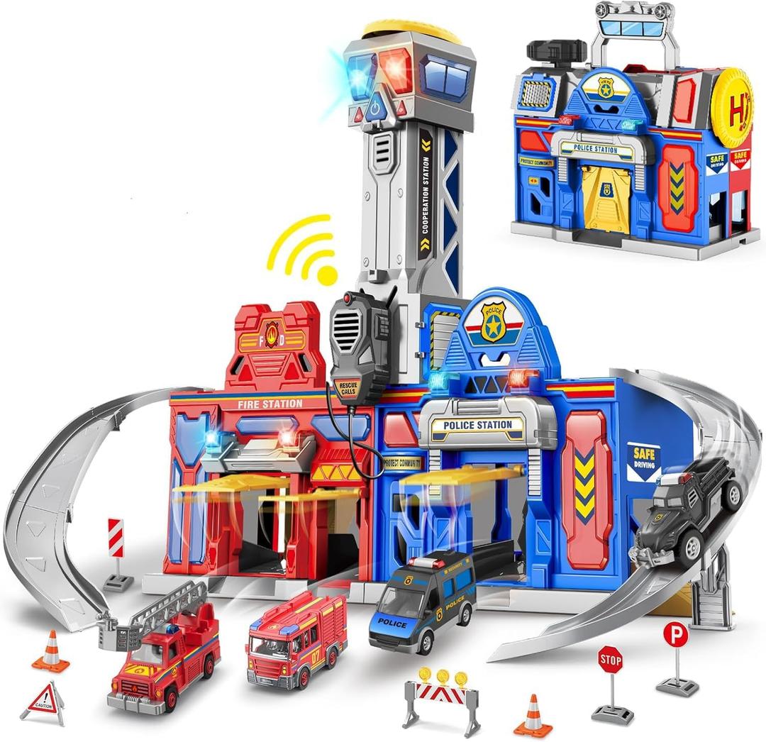 Kids Toys for 3 4 5 6 Years Old Boys, 29.5'' Large City Action Toddler Playset with Lights Sounds, Police & Fire Station Transform Track Toy with 4 Cars, Helicopter, Walkie-Talkie, Gifts for Boy Girl