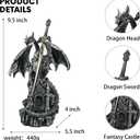 Dragon Statue with Medieval Sword-Collection Figurine Fantasy Decor - Silvery Dragon Standing Gothic Castle for Tabletop Bookshelf