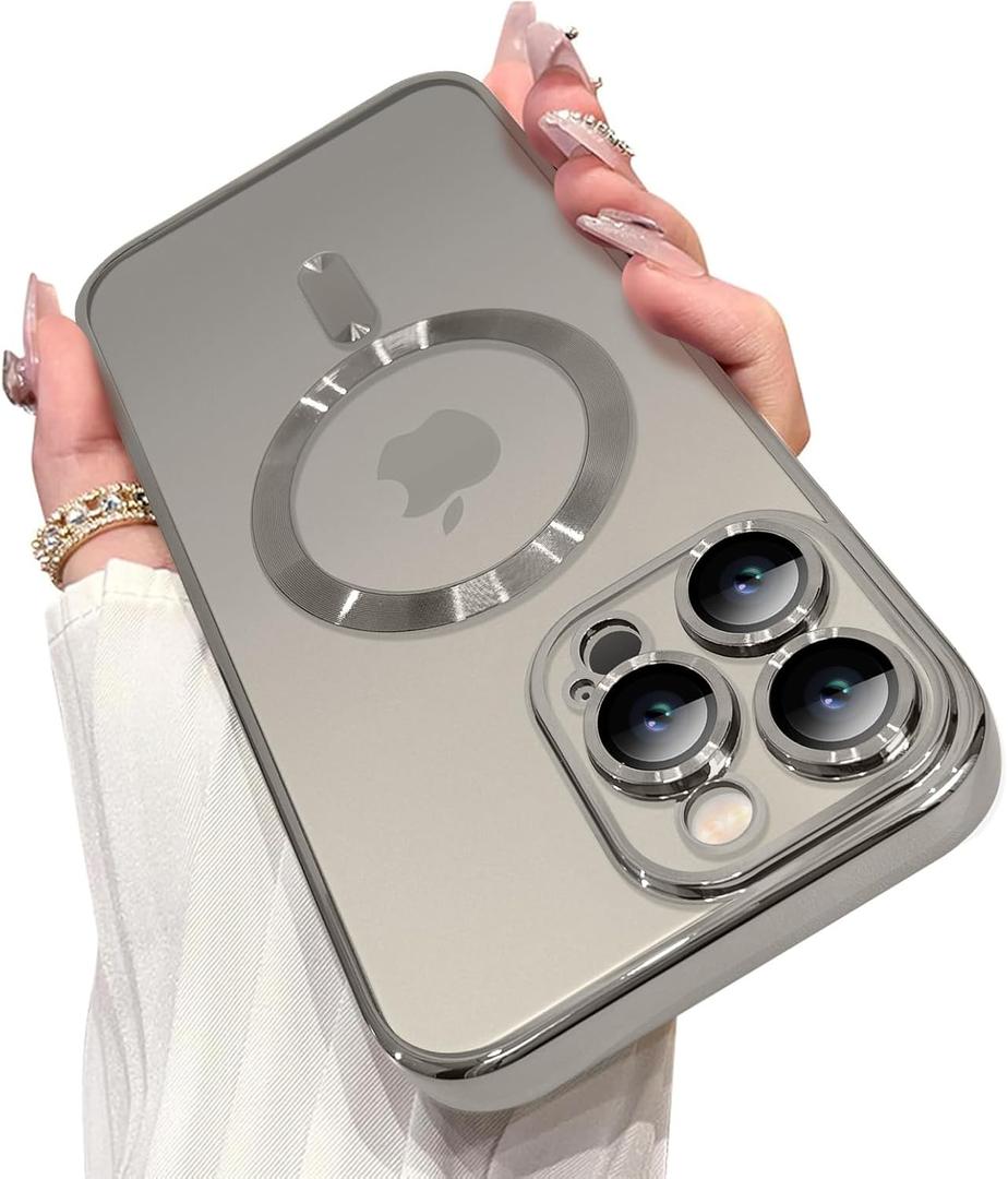 OOK Magnetic Case Made for iPhone 16 Pro Max [Built-in Camera Lens Protector] [Compatible with MagSafe] Soft TPU Anti-Scratch Shockproof Protective Slim Clear Case for Women Men - Natural Titanium