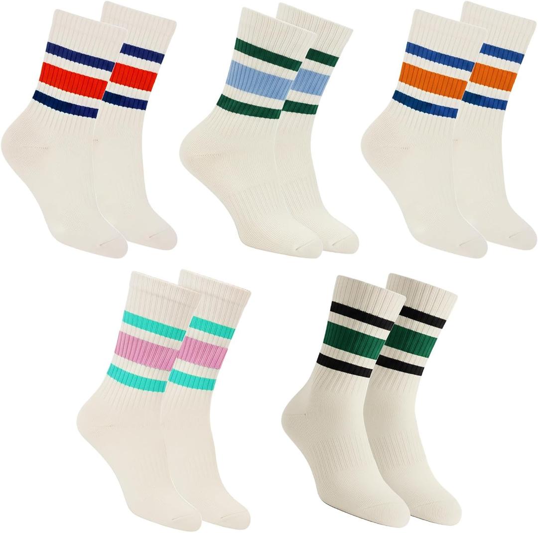 Retro Striped Crew Socks Sport Socks,Casual Cotton Stretchy Socks, with Seamless Toe for Men and Women Multicolor (White)
