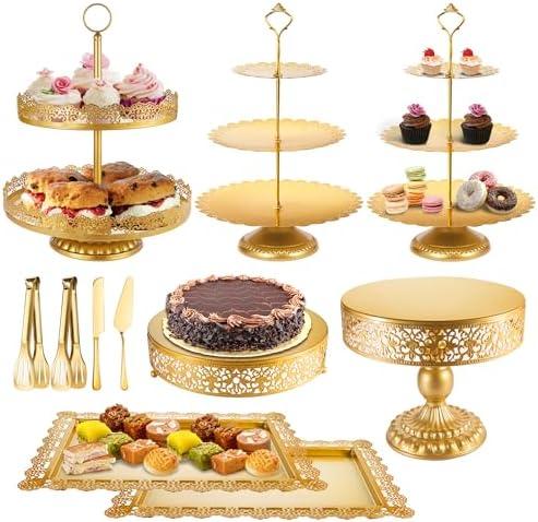 ELIMTEC Gold Cake Stand Metal Dessert Table Display Set Tiered Cupcake Holder Fruit Candy Donut Plate Serving Tower Tray Platter (Gold)