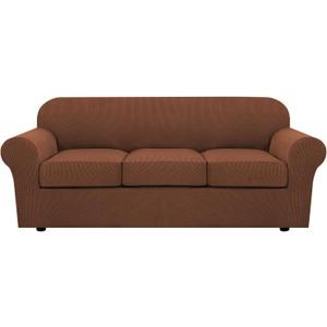 H.VERSAILTEX 4 Piece Stretch Sofa Covers for 3 Cushion Couch Covers for Living Room Furniture Slipcovers (Base Cover Plus 3 Seat Cushion Covers) Upgraded Thicker Jacquard Fabric (Sofa, Caramel) (Large)
