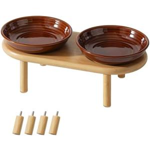 Havniva Elevated Ceramic Cat Dish, Wide Whisker Friendly Anti-Slip Food & Water Bowl with 2 Heights Adjustable Stand - Pet Bowl Set for Cats (2 Dishes +Stand, Caramel Brown)
