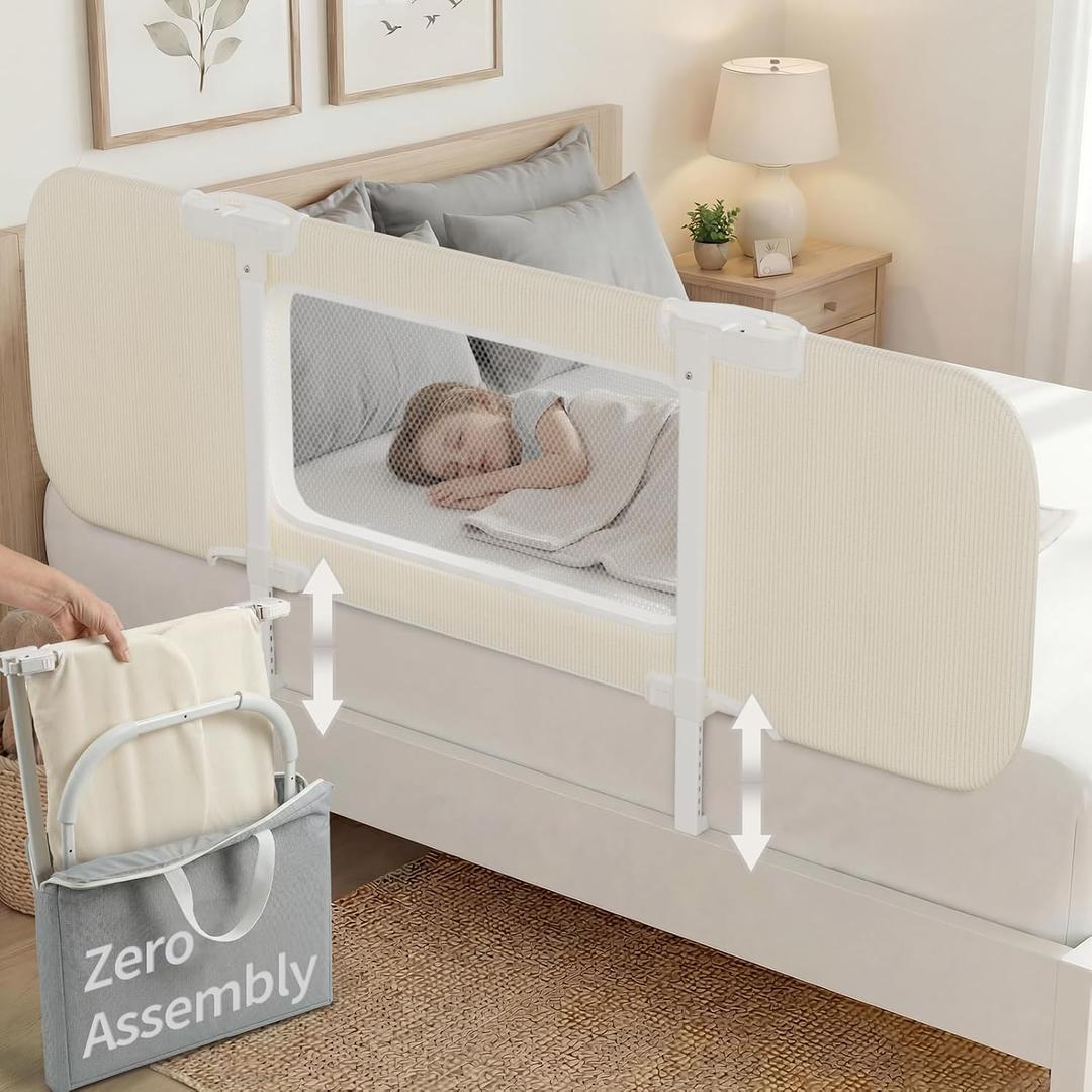 NUTIKAS Portable Bed Rails for Toddlers, 58" Foldable Travel Bed Rail for Camper Bunk, Queen & King Size Bed, Collapsible Kids Safety Bedrail with Adjustable Height