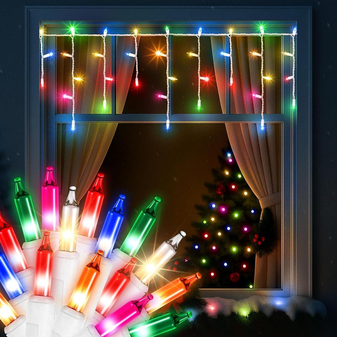 3 Pack Christmas Window Icicle Lights 3FT 50 Bulbs, Ideal for Most U.S. Standard Windows, Indoor String Lights for Window Decor, UL Certification (12 Random Twinkling Style,Multicolor)