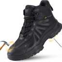 Oil Slip Resistant & Breathable Safety Shoes with Kevlar Anti-Puncture, Steel Toe Work Boots for Men and Women, Lightweight Leather Fabric Upper for Construction, Industrial, Outdoor Work (11 Wide Women/9.5 Men, Black)