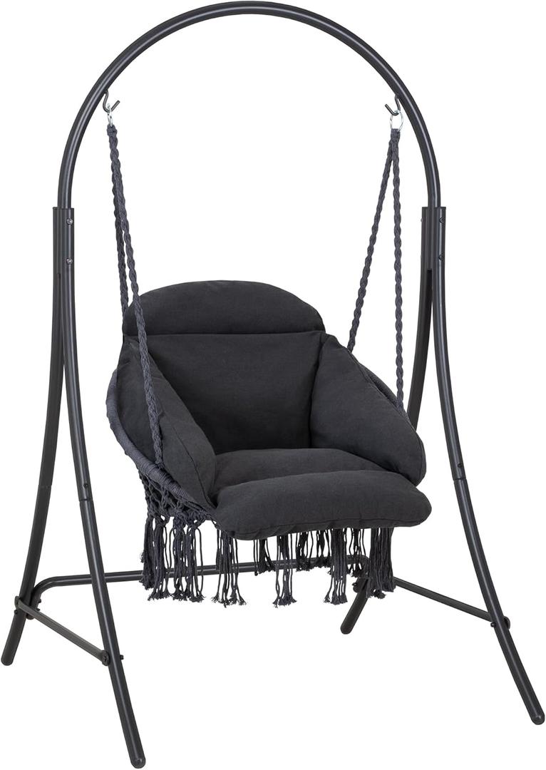 ANOW Hanging Swing Chair with Stand Included, Heavy Duty Hammock Chair with Stand and Removable Padded Cushion, Max 400 Lbs, Dark Grey