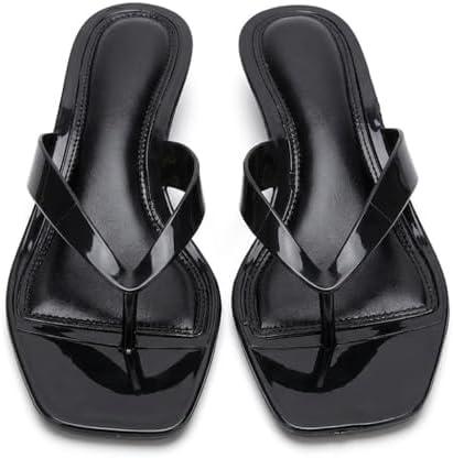 Jelly Thong Sandals for Women Clear Flip Flop Kitten Heel Sandals Slip on Square Toe Transparent Low Heel Summer Dress Shoes, Black Size 8