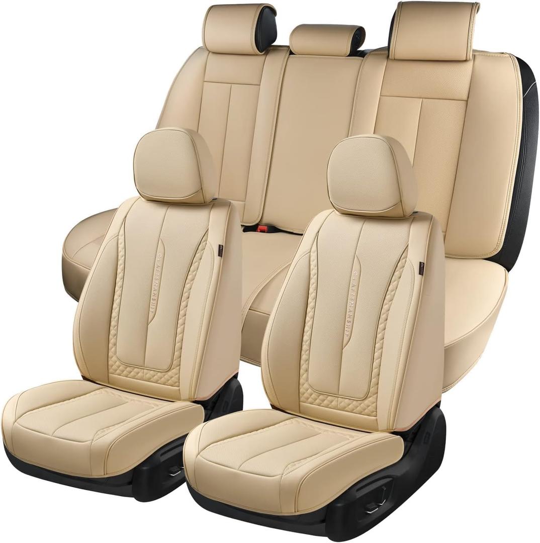 Coverado Juego completo de fundas de asiento de automvil, fundas de asiento delantero beige para asientos delanteros y traseros, de piel de napa impermeable, cojn para asiento de automvil,