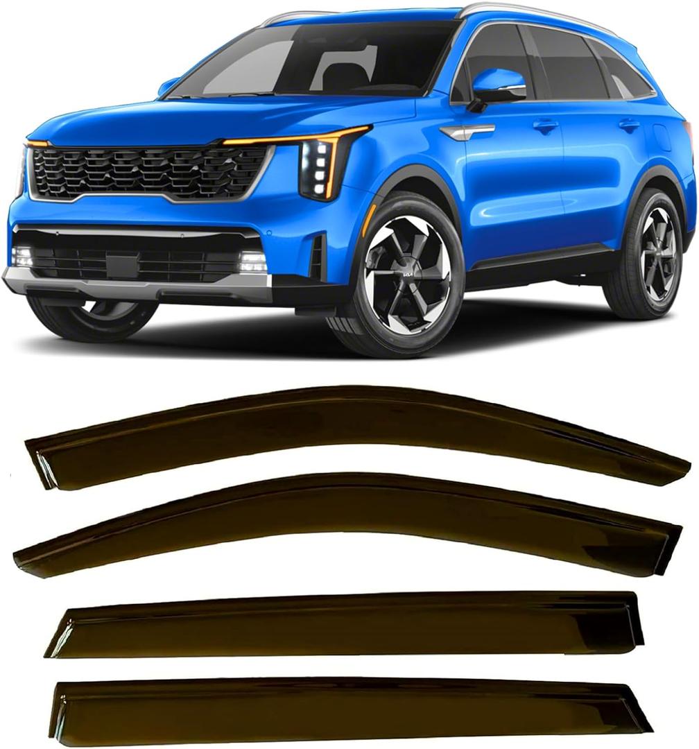 2021-2025 Tape-On Side Window Visor Deflectors for Kia Sorento Rain Guards Lx S Ex Sx Prestige Durable Tinted Shade 2022 2023 2024