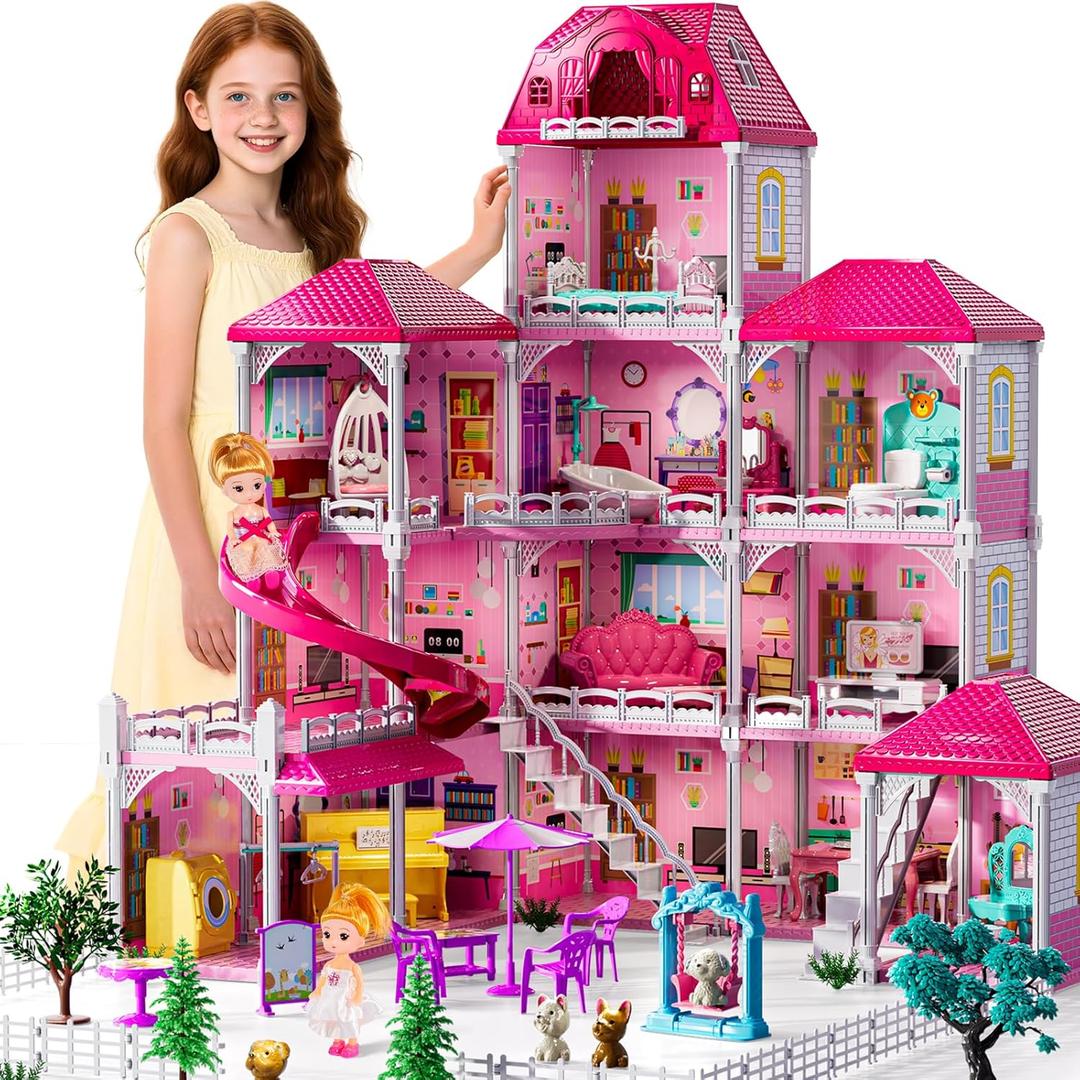 Villa Playset for Girls Ages 3-7, Indoor Playset Girls Toys with 3 Storeys 7 Rooms 2 Dolls for Ages 6-8, Furniture and Accessories, Pretend Toddler Toy, Birthday Gifts for Kids 3 4 5 6 7 8