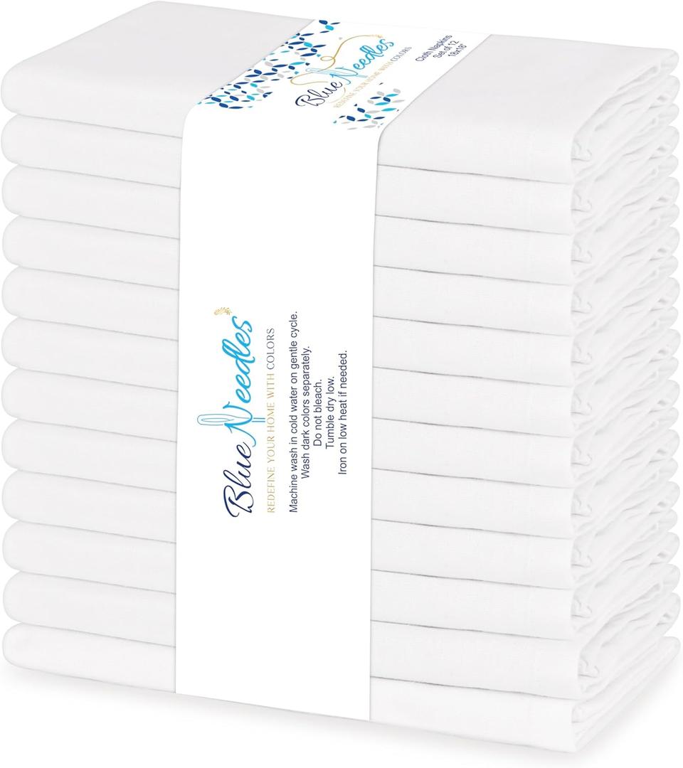 Blue Needles Solid Cloth Napkins Set of 12 White 100% Cotton Dinner Napkins 18x18 inches - Soft, Reusable, Absorbent & Washable Linen, Ideal for Spring Summer Easter Events Parties & Everyday Use
